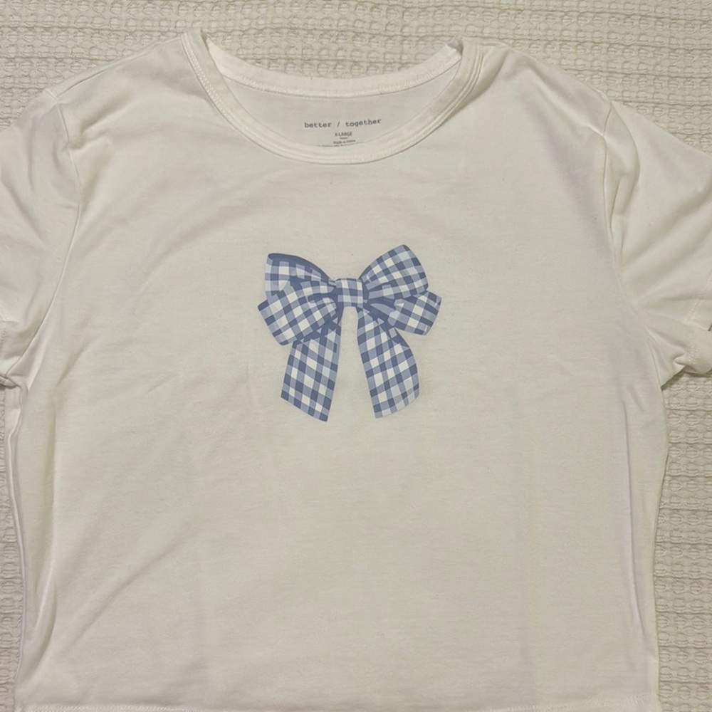 White and Blue Short Sleeve Tee with Gingham Bow